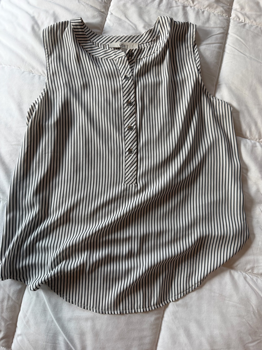LOFT Black and White Vertical Stripe Sleeveless Henley Top